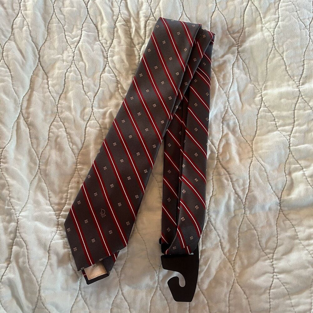 Christian Dior Paris New York 100% Silk Neck Tie Red Pewter Diagonal Stripe EUC
